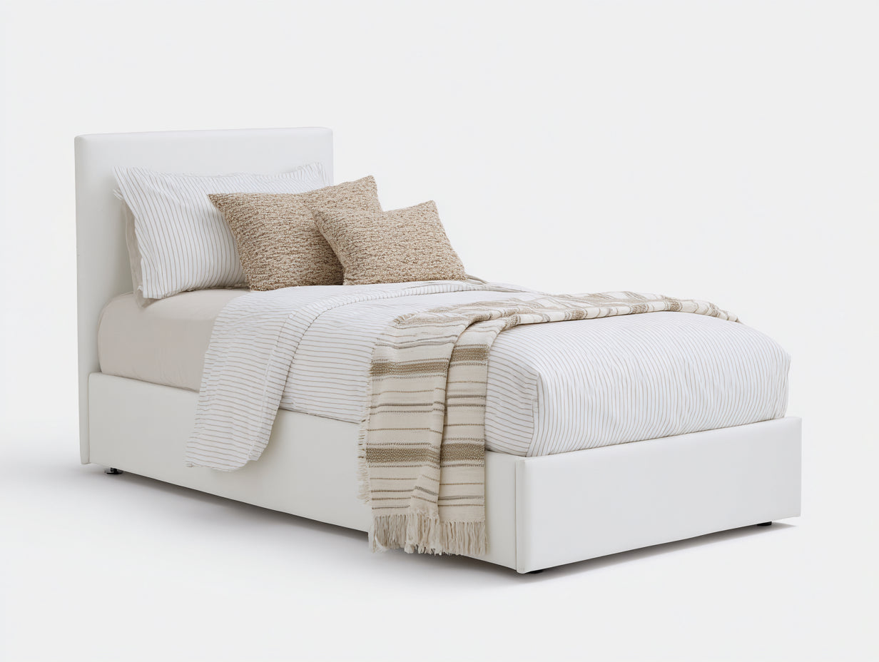 Einzelbett aus Polsterstoff 208x98x105 cm - Weiß - für Schlafzimmer mit schlichtem Kopfteil