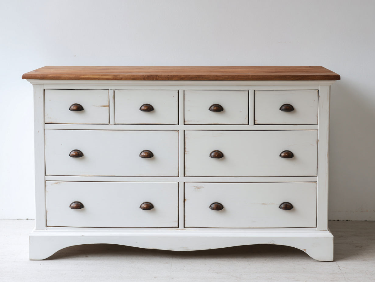 Kommode mit Schubladen Holzwerkstoff 140x45x85 cm - Weiß-Naturholz - mit 8 Schubladen