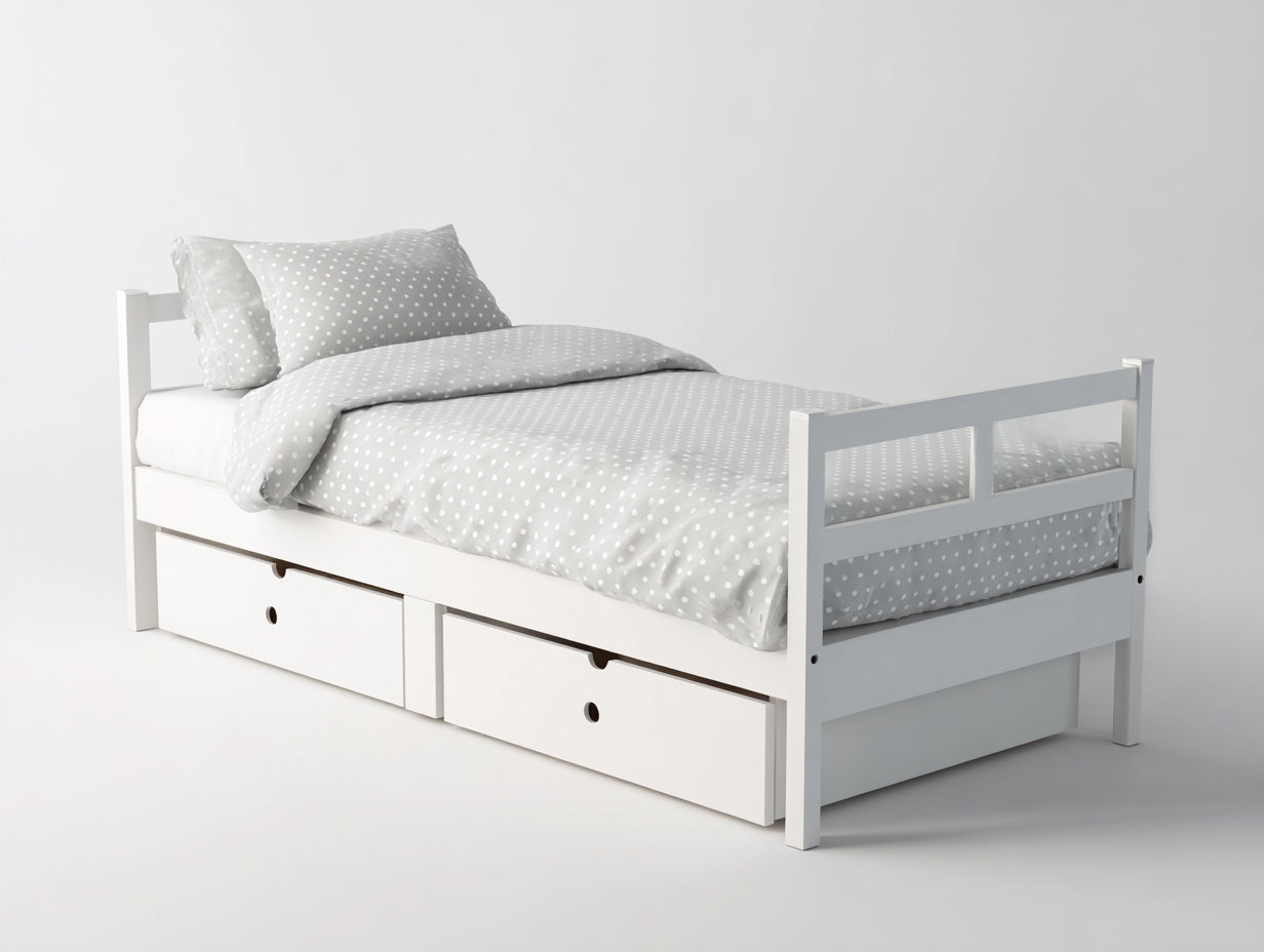 Einzelbett - Holzrahmen 205 x 98 x 85 cm - Weiß - Für Schlafzimmer - Modernes Design mit 2 Schubladen