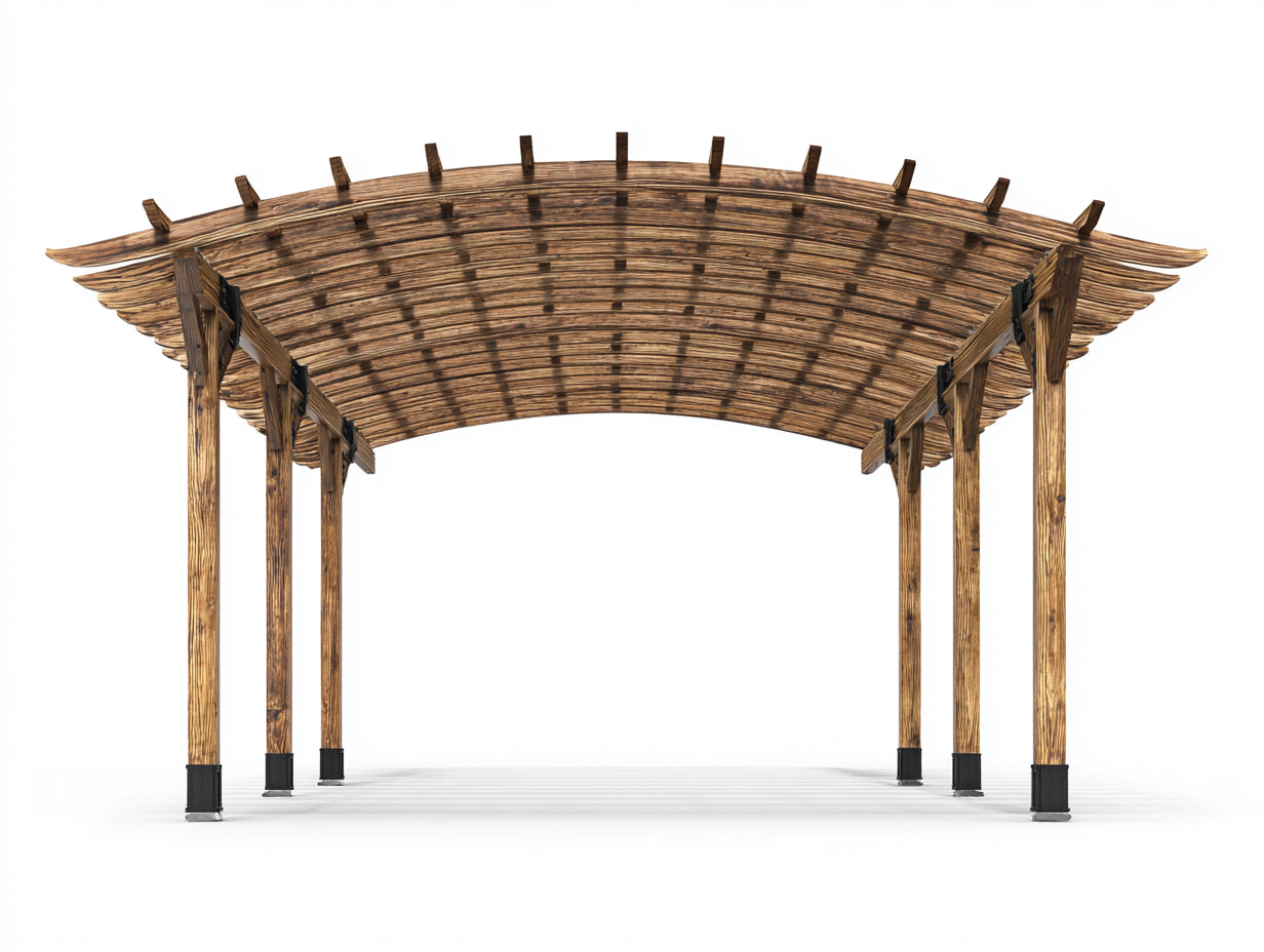 Pavillon aus Massivholz 400x300x260 cm - Dunkelbraun-Schwarz - mit gebogenem Lamellendach für Garten