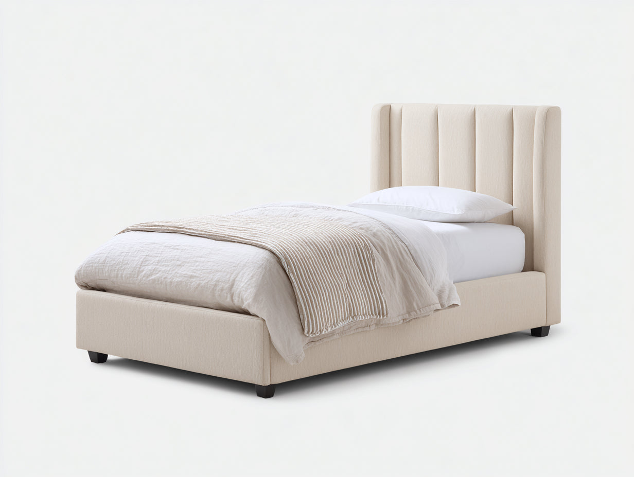 Einzelbett - Gepolstertes Stoffbett 214 x 107 x 112 cm - Beige - Für Schlafzimmer - Modernes Design mit vertikal abgestepptem Kopfteil