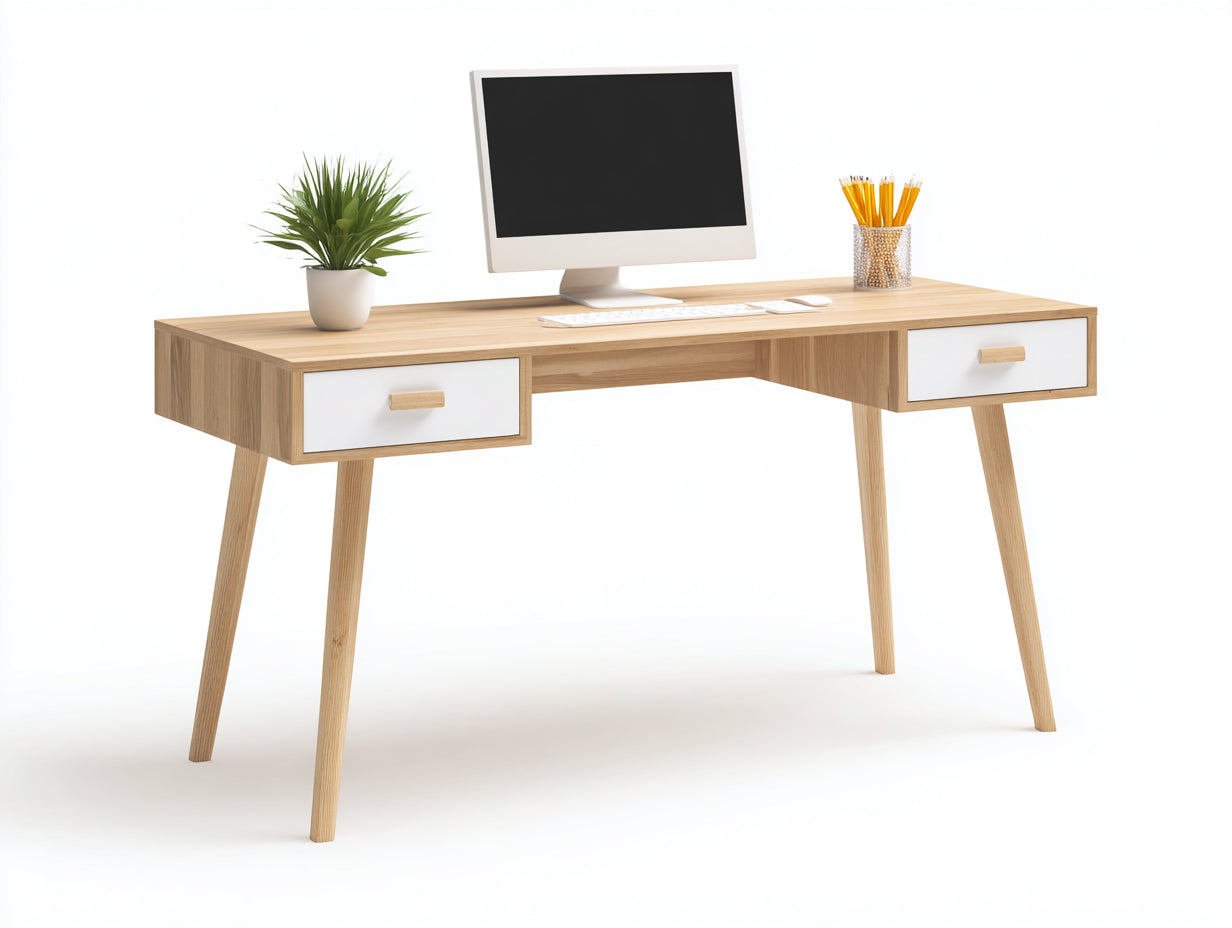 Schreibtisch Holzoptik 120 x 55 x 76 cm eichefarben und weiß für Arbeitszimmer - mit 2 Schubladen - modernes skandinavisches Design