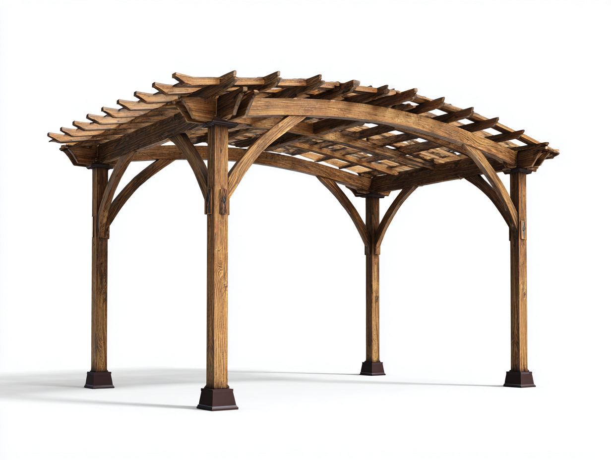 Pavillon - Holzgestell 400 x 300 x 280 cm - Dunkelbraun - Für Garten und Terrasse - Rustikales Pergoladesign mit Lamellendach und Bogenstreben
