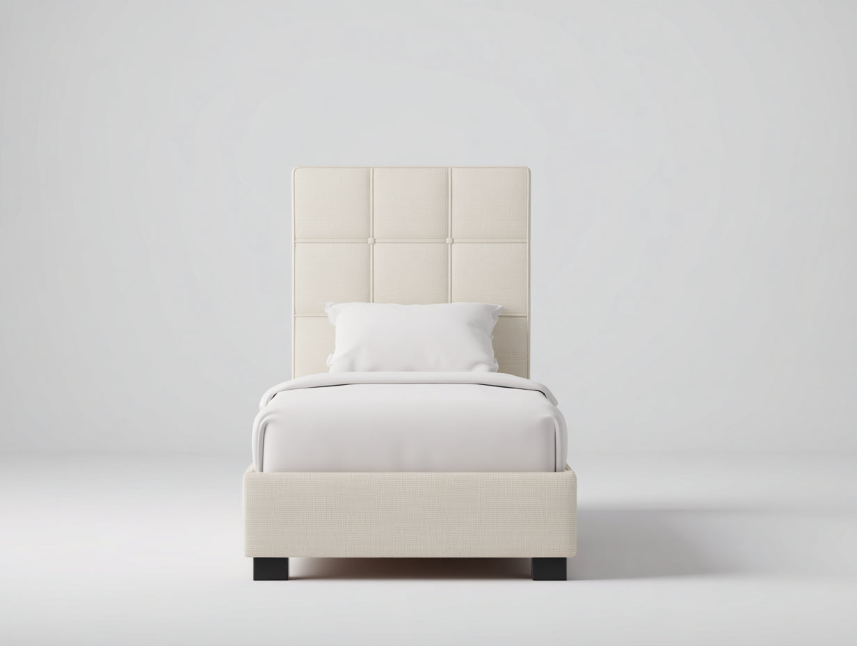 Einzelbett aus Polsterstoff 208x98x115 cm - Cremeweiß - für Schlafzimmer mit modernem Kopfteil