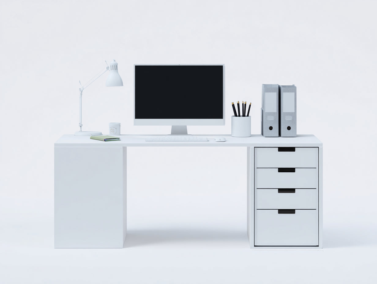 Schreibtisch - Holzwerkstoff 140 x 60 x 75 cm - Weiß - Für Büro und Arbeitszimmer - Modernes Design mit 4 Schubladen